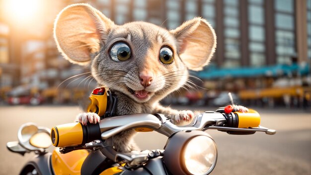 Cute cartoon mouse on a motorcycle