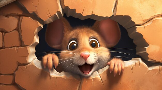 Cute Cartoon Mouse Peeking out of a Hole in the Wall