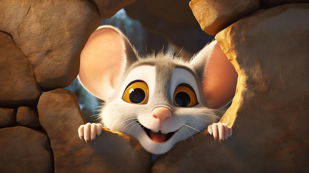 Cute Cartoon Mouse Peeking out of a Hole in the Wall