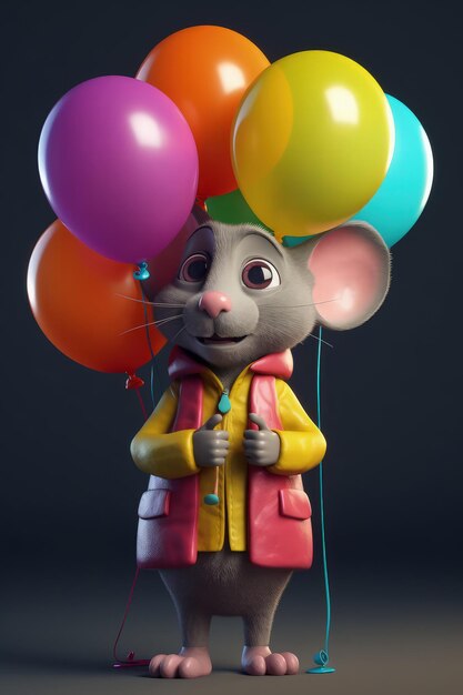 Cute Cartoon Mouse With Very Big Eyes Holding Gel Colored Balloons Generative AI