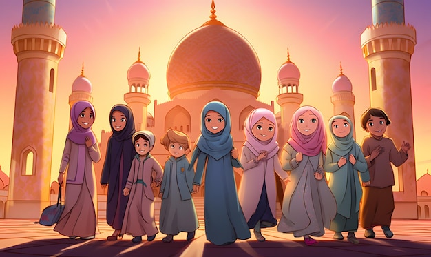 Photo cute cartoon muslim family in traditional together ramadan background