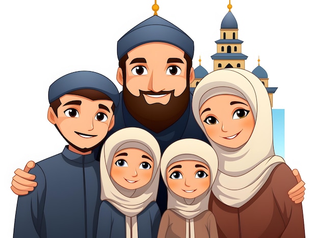 Photo cute cartoon muslim family in traditional together ramadan background