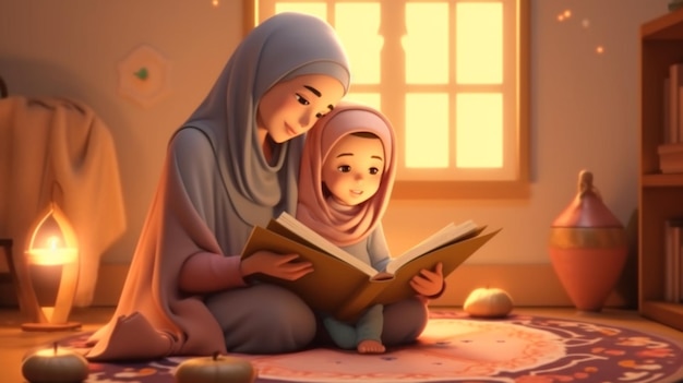 Cute cartoon Muslim mother teaching her cute cartoon daughter reading Quran at home Generative AI