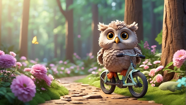 Милая мультфильмная сова на велосипеде в летнем парке