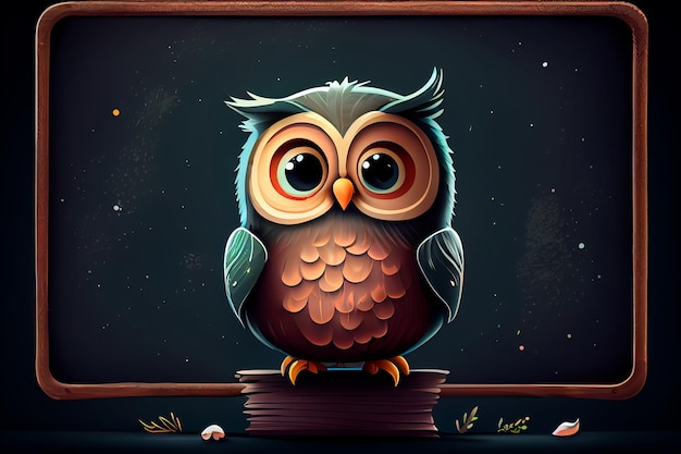 Cute Cartoon Owl in Front of a Blackboard Generative AI