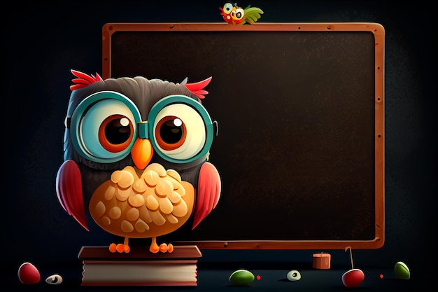 Cute Cartoon Owl in Front of a Blackboard Generative AI