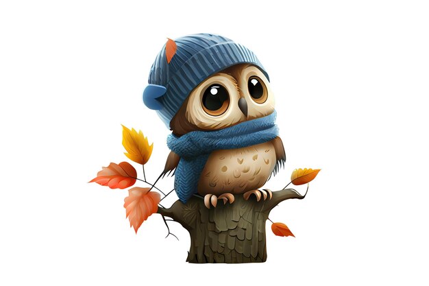 Cute cartoon owl in a hat and scarf isolated on white background Generative Ai