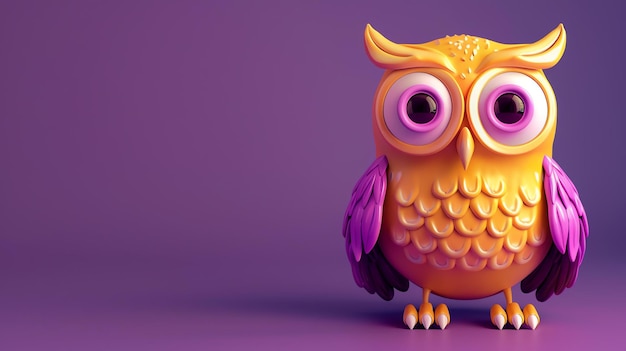 Photo cute cartoon owl with big eyes and purple wings on a purple background