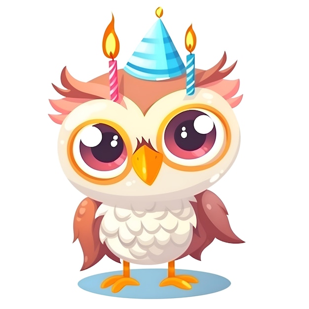 Photo cute cartoon owl with birthday candle isolated on white background vector illustration