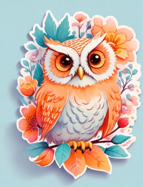 Cute cartoon owl with flowers on blue background Vector illustration