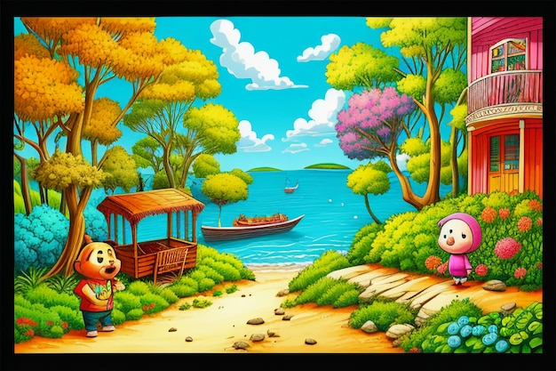 Cute cartoon painting simple drawing kawaii creative story picture book style wallpaper background