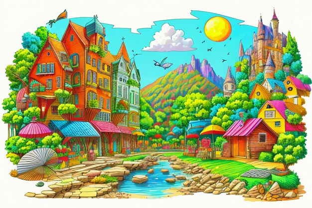 Cute cartoon painting simple drawing kawaii creative story picture book style wallpaper background