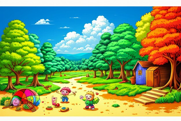 Photo cute cartoon painting simple drawing kawaii creative story picture book style wallpaper background