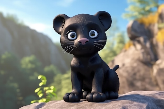 Cute Cartoon Panther With Very Big Eyes And A Pitying Look Against A Rock Ledge A Magnificent View