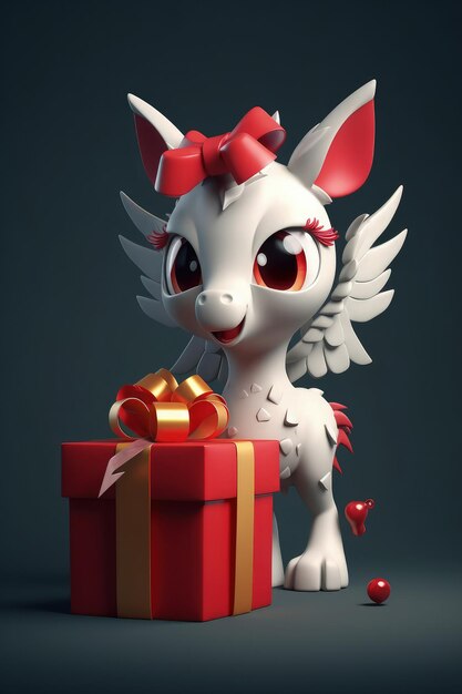 Cute Cartoon Pegasus With Very Big Eyes With A Big Gift Box Generative AI