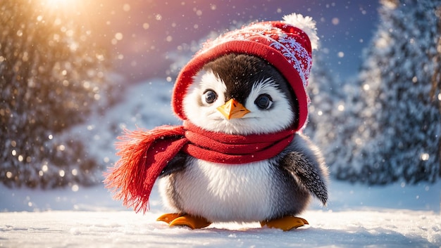 Cute cartoon penguin in a hat in a snowy meadow