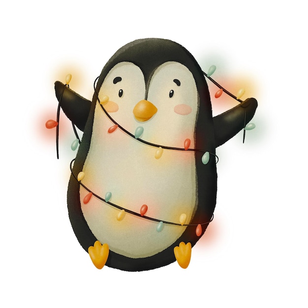 Photo a cute cartoon penguin is sitting with a festive garland light bulbs isolated hand drawn illustration