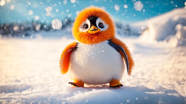 Cute cartoon penguin in a snowy meadow