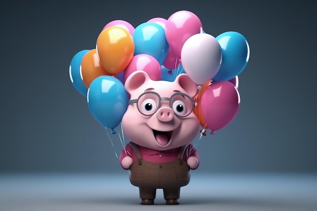 Cute cartoon pig with very big eyes holding gel colored balloons generative ai