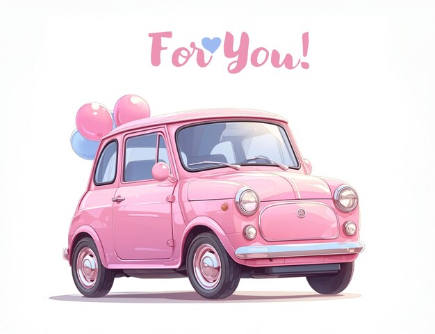 Cute cartoon pink retro auto with balloons greeting card for birthday