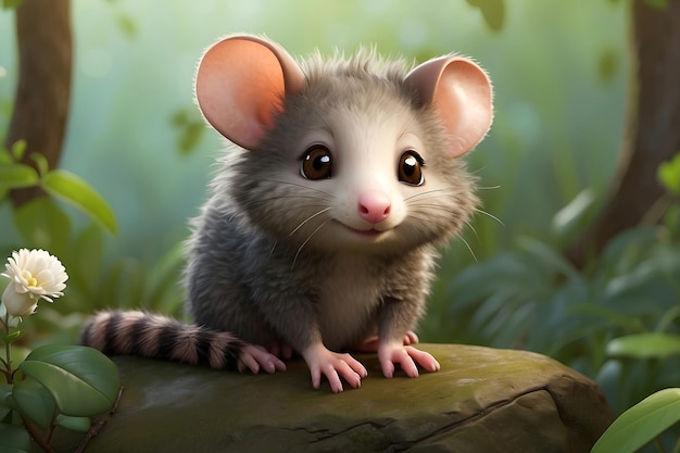 Cute cartoon possum in jungle