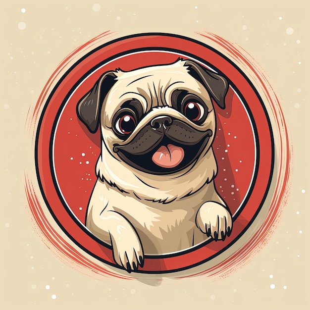 a cute cartoon pug holding hands and wagging his tail in the style of happy expressionism