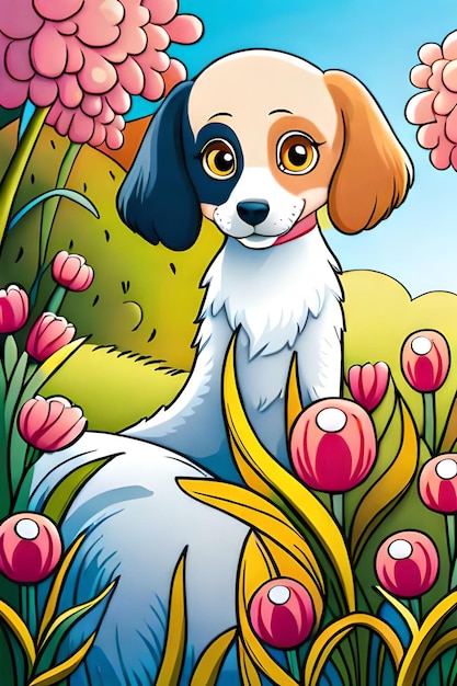 Foto piccolo cucciolo di cartone animato e cane illustraton
