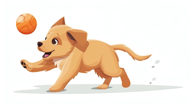 Photo cute cartoon puppy playing with a ball the puppy is running and jumping and looks very happy it is a golden color and has a big smile on its face