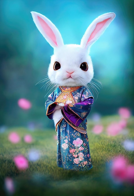 Cute cartoon rabbit on green grass cute white rabbit on a\
fabulous background