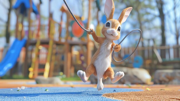 Cute cartoon rabbit jumping rope in a playground The rabbit is brown and white with a big smile on its face