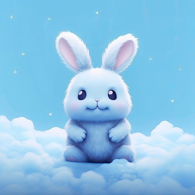 Cute cartoon rabbit sitting in the clouds Happy easter