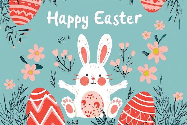 写真 cute cartoon rabbit with easter eggs and flowers on easter eggs festival