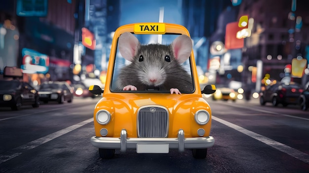 Photo cute cartoon rat as a taxi driver on city background