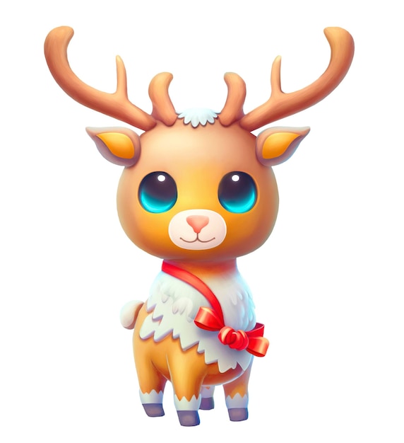 Cute cartoon reindeer with blue eyes wearing red ribbon Digital