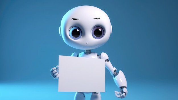 생성 AI로 만든 빈 표지판을 들고 있는 귀여운 만화 로봇