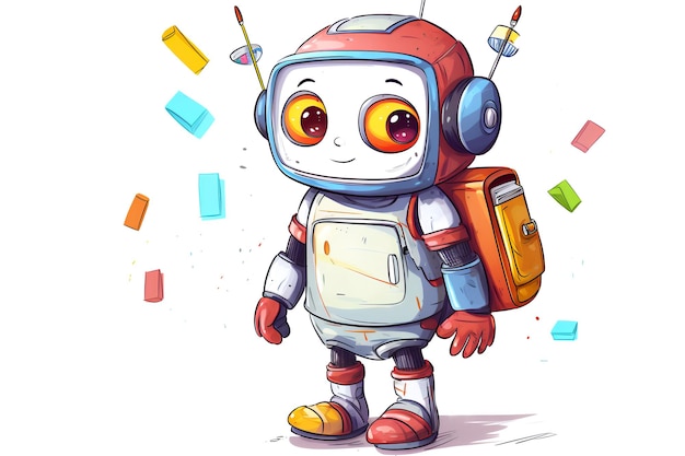 Photo cute cartoon robot student drawing with colored pencils