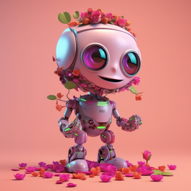 Cute Cartoon Robot With Very Big Eyes Holding A Pot Of Colorful Rose Flowers A Pink Background Generative AI
