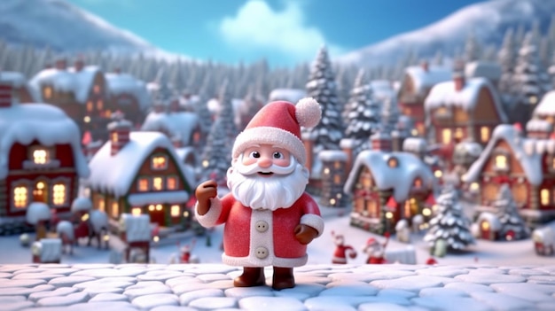 Cute Cartoon Santa in a Christmas Village Generative AI