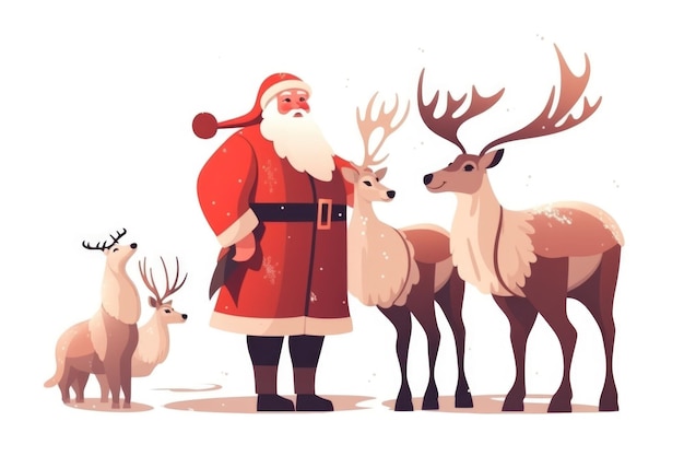 Cute cartoon santa standing with reindeers vector illustration