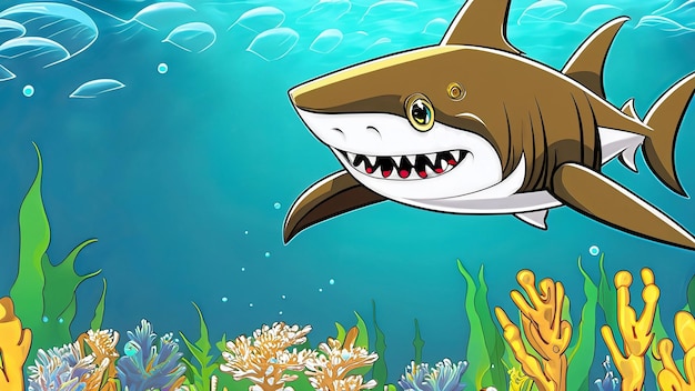 Cute Cartoon Shark Character Underwater in the Ocean