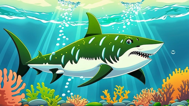 Милый мультфильмный персонаж акулы под водой в океане