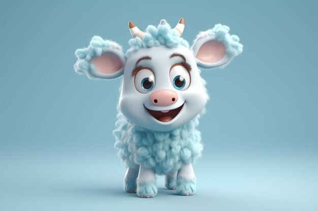 Cute cartoon sheep on blue background 3D rendering Copy space