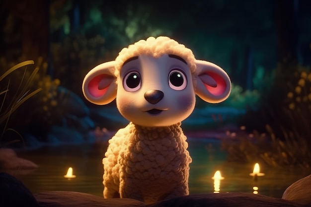 Cute Cartoon Sheep With Very Big Eyes And Pitying Gaze A Forest With A Glowing Lake Generative AI