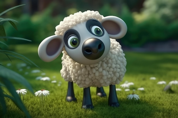 Cute Cartoon Sheep With Very Big Eyes And A Pitying Look The Background Of The Lawn Generative AI