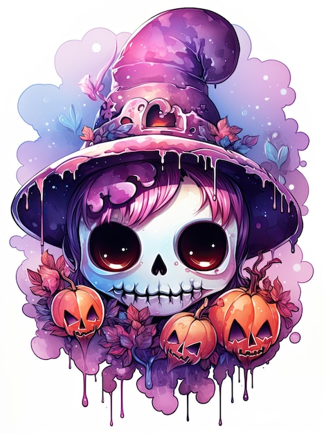 Cute cartoon skull with flowers and pumpkins on a white background Illustration generative ai