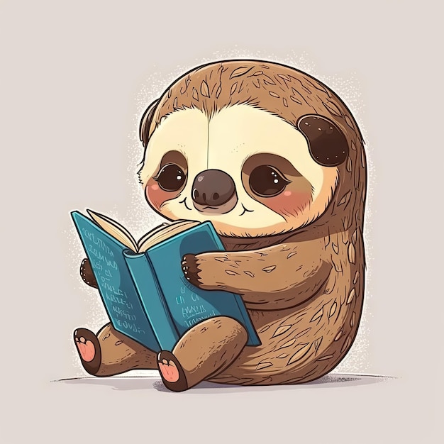 Cute cartoon sloth reading book funny animal ai generated illustration Colorful animal with fairy tale book lazy sleepy slot kids toy wildlife character teaching or educating