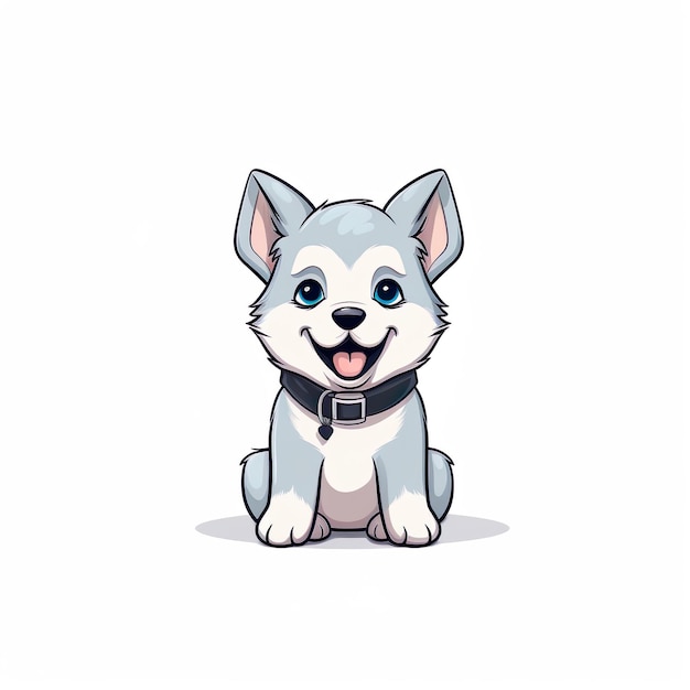 A cute cartoon smiling dog with a blue collar sits on a white background AI generated