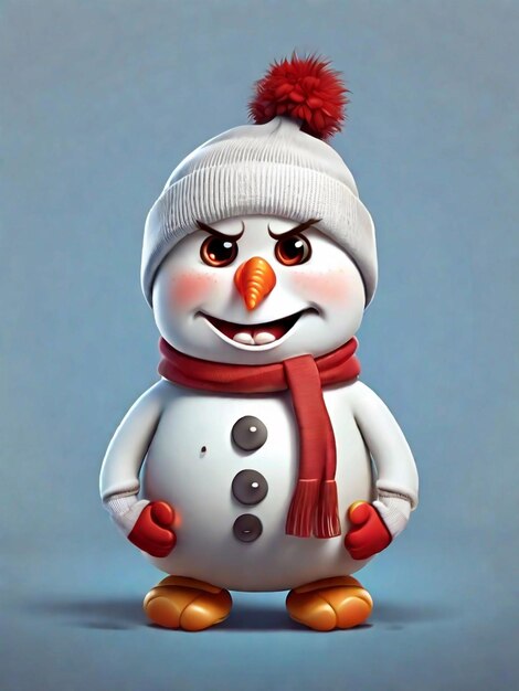 Foto un cartoon carino, un uomo di neve con la testa grande.