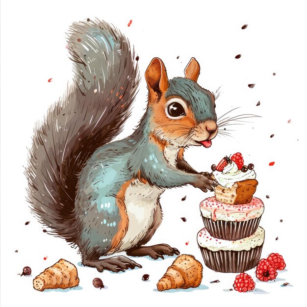 Photo cute cartoon squirrel celebrating with cakes and balloons festive greeting card design