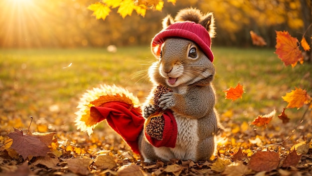 Cute cartoon squirrel in a clearing with autumn leaves